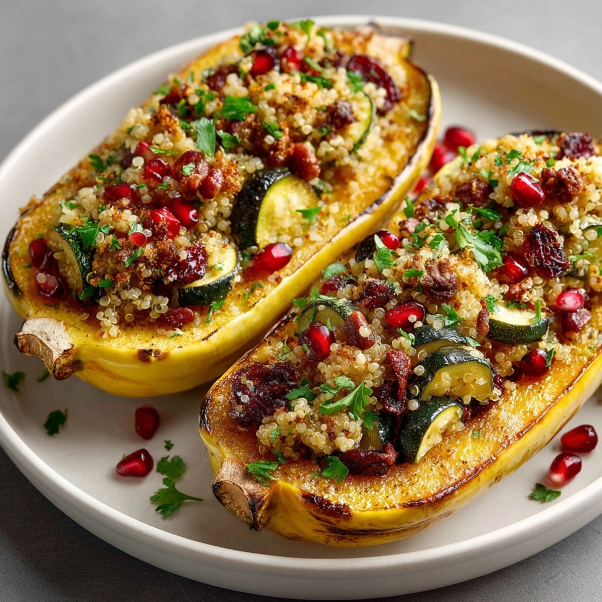Savory and sweet Quinoa-Stuffed Delicata Squash ready to be garnished with fresh parsley.