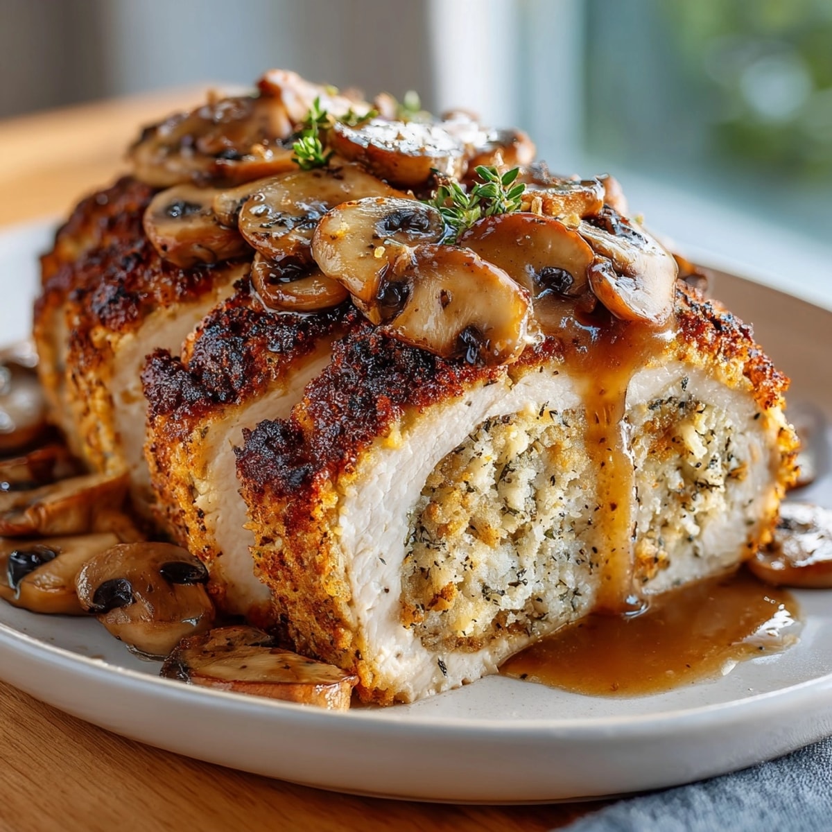 Golden-brown Tofu “Turkey” Roast with Mushroom Gravy, ready for slicing and serving.