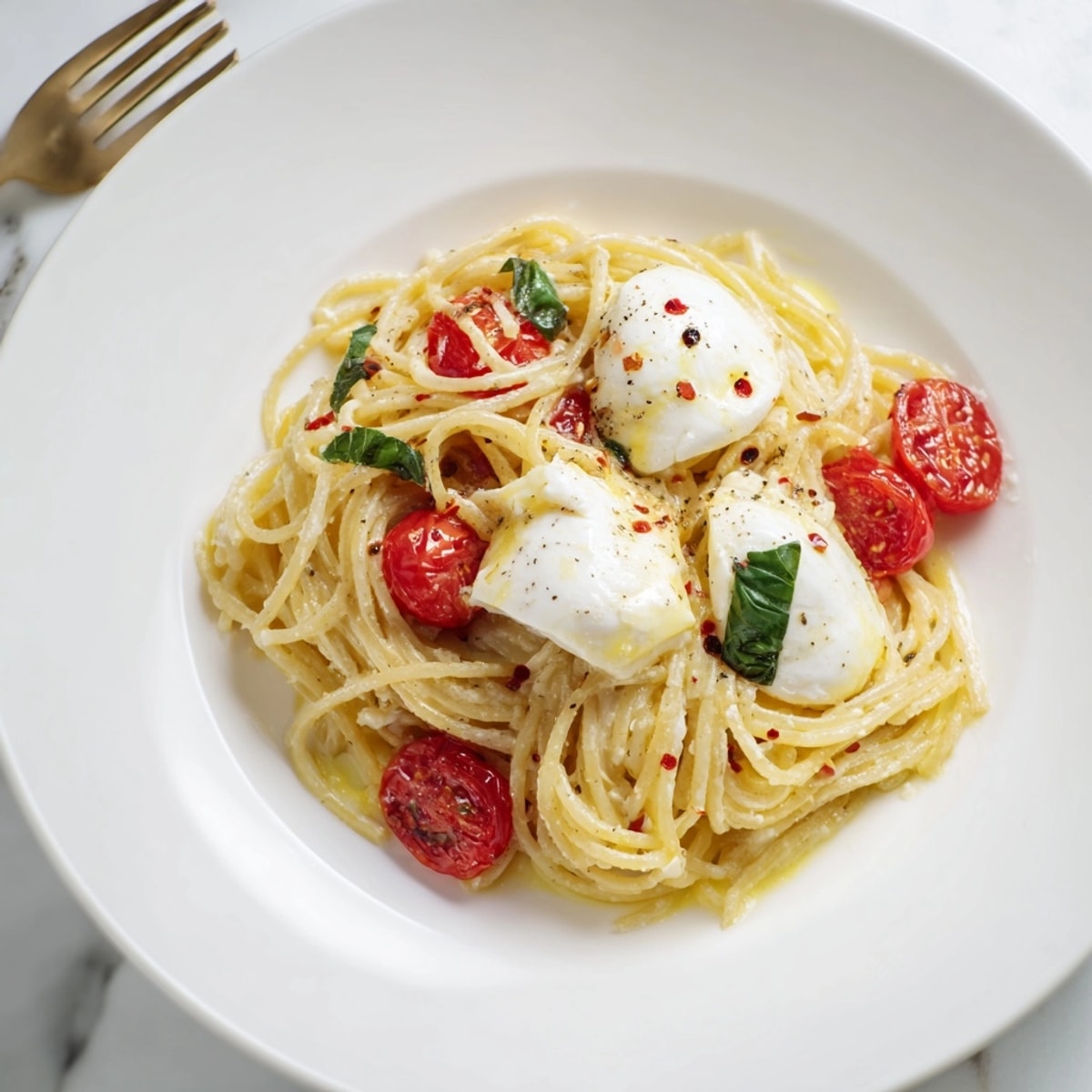 Creamy Burrata Caprese Pasta: Twirled spaghetti coated in juicy tomato sauce, topped with fresh burrata.