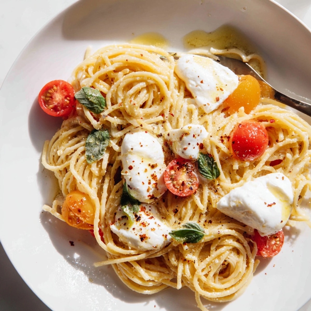 Close-up of Burrata Caprese Pasta, showing melted cheese and bright basil garnish.