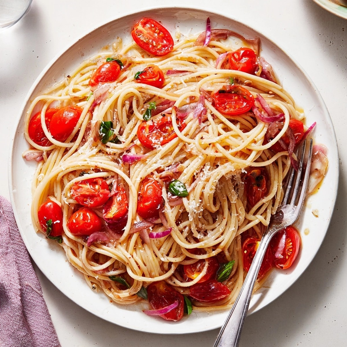 A steaming bowl of Cherry Tomato and Basil Pasta, topped with basil and grated parmesan cheese.