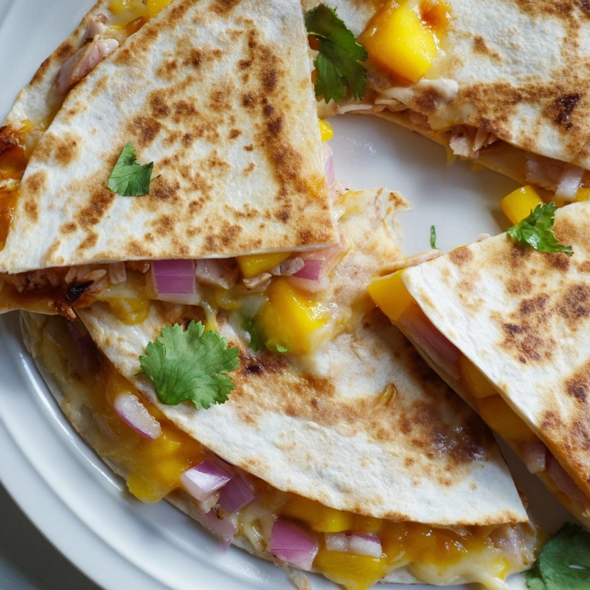 Golden Mango Chipotle Chicken Quesadillas sizzling in a pan, cheese melting, waiting to serve.