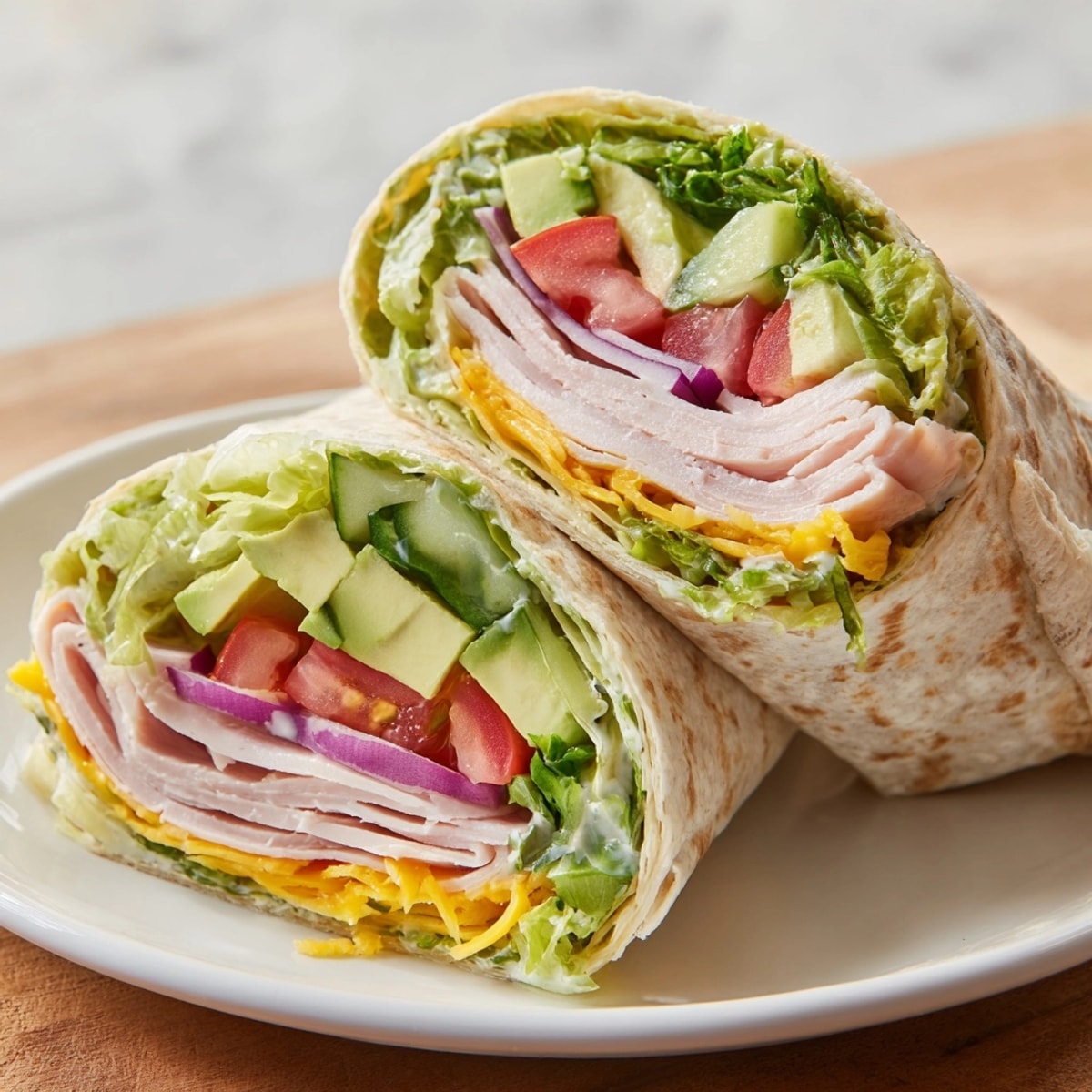 Creamy Avocado Ranch Turkey Wraps, piled high with fresh lettuce and juicy tomatoes.