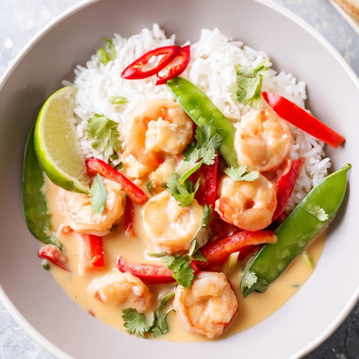 Vibrant Shrimp Coconut Curry Bowls: Fluffy jasmine rice brimming with tender shrimp and creamy curry.