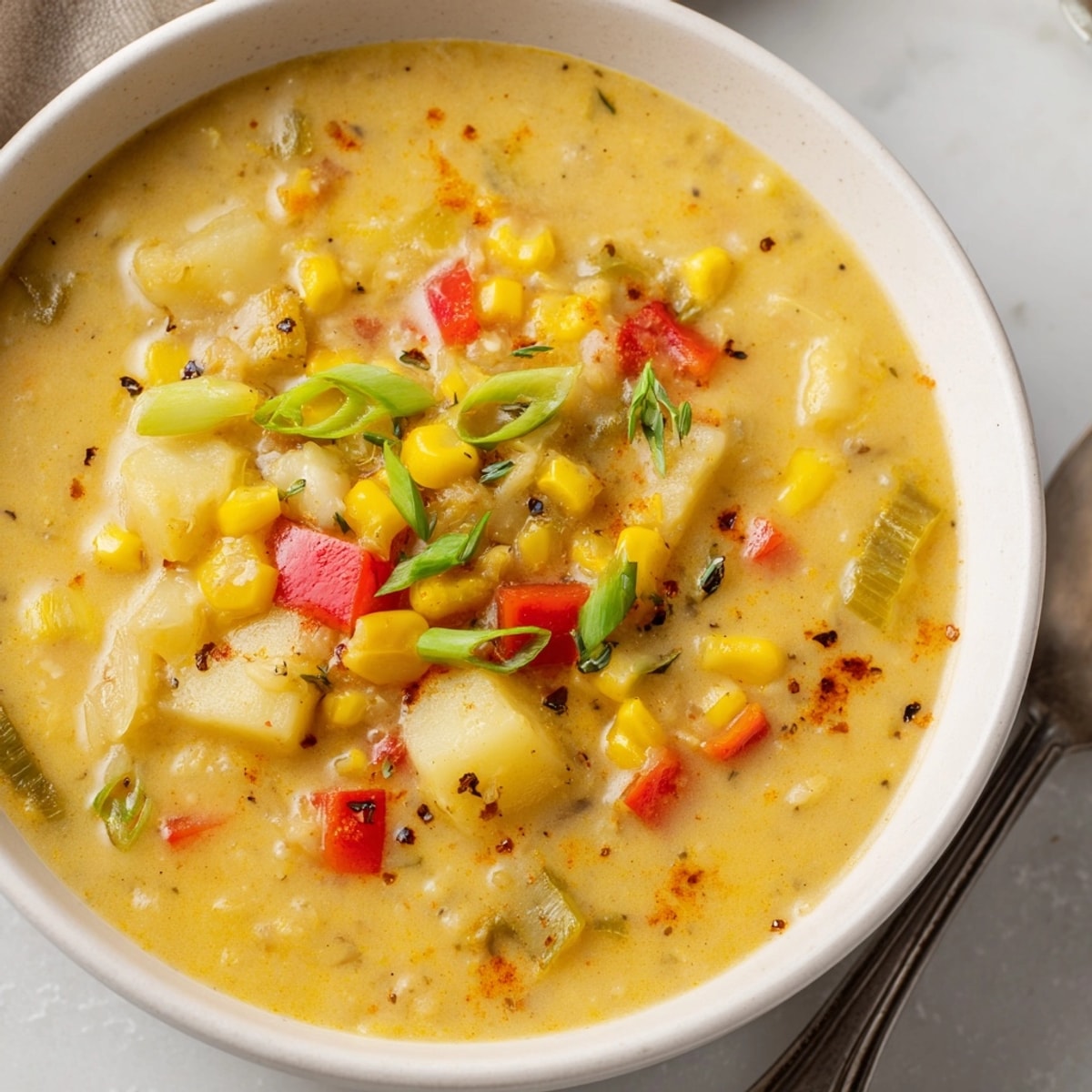 Warm bowl of Cajun Sweet Corn Potato Chowder steams, seasoned perfectly with Cajun spices.