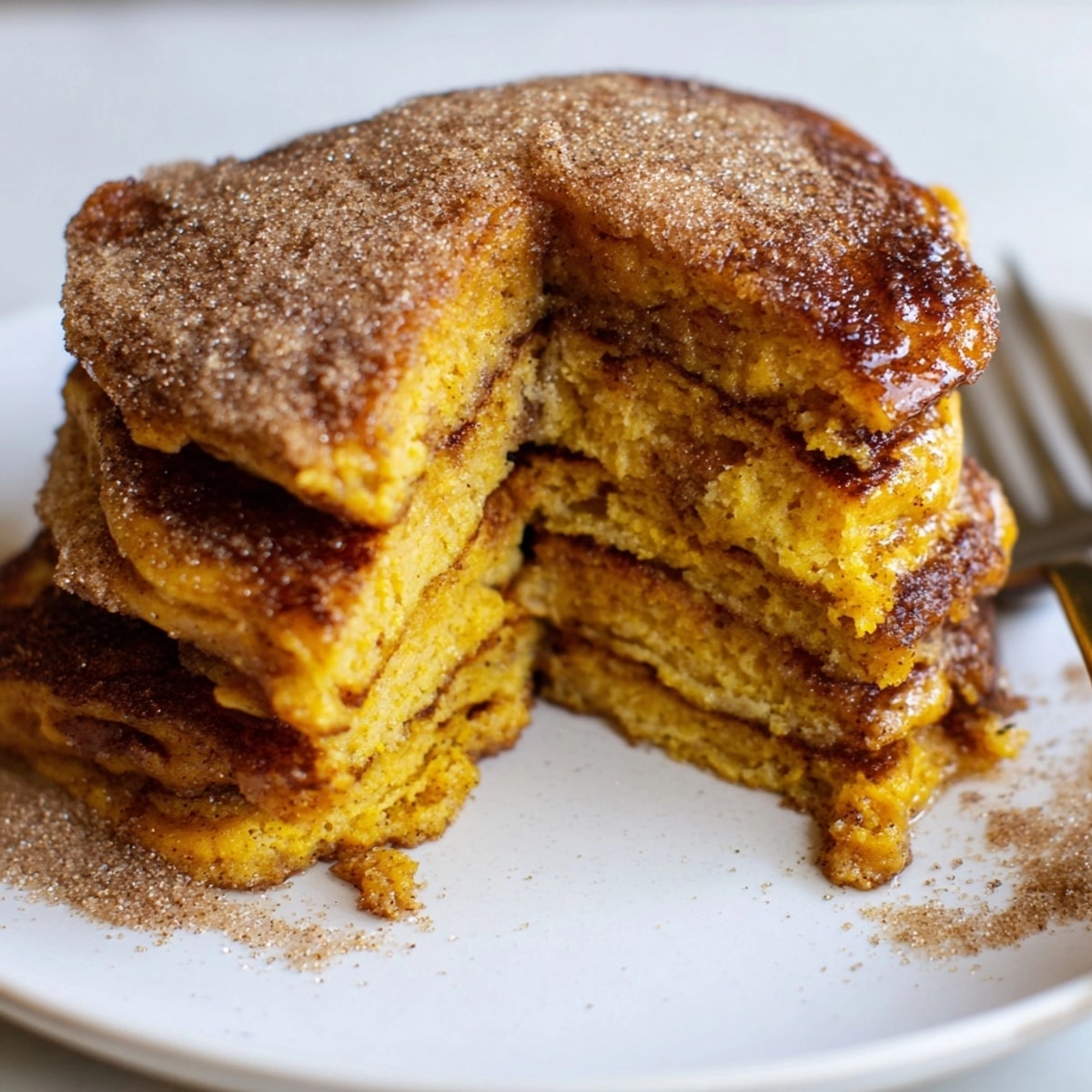 Golden Cinnamon Sugar Sweet Potato Pancakes stacked high, dusted with a sweet spice blend.