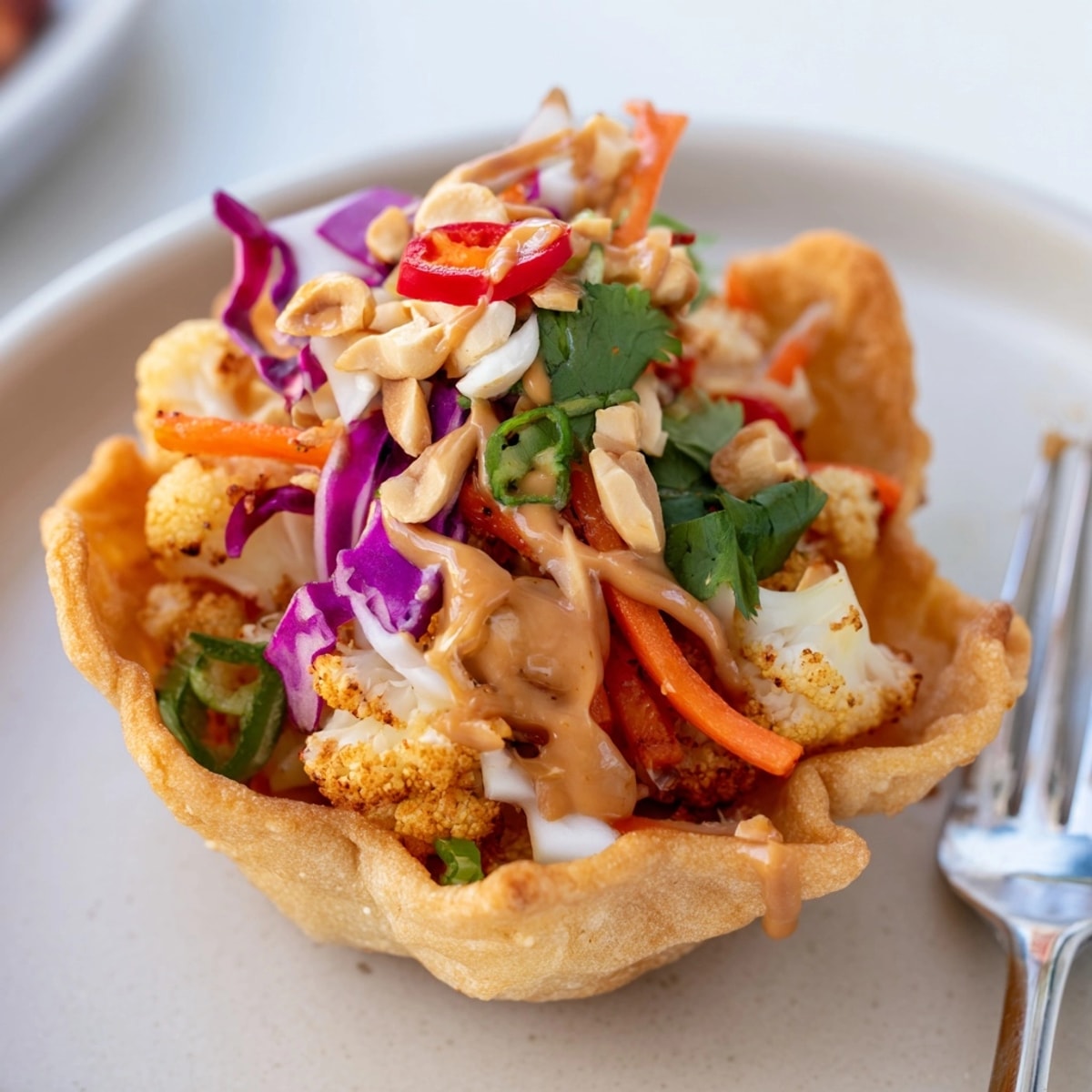 Golden brown Thai Peanut Cauliflower Taco Cups, ready to serve, vibrant and colorful.