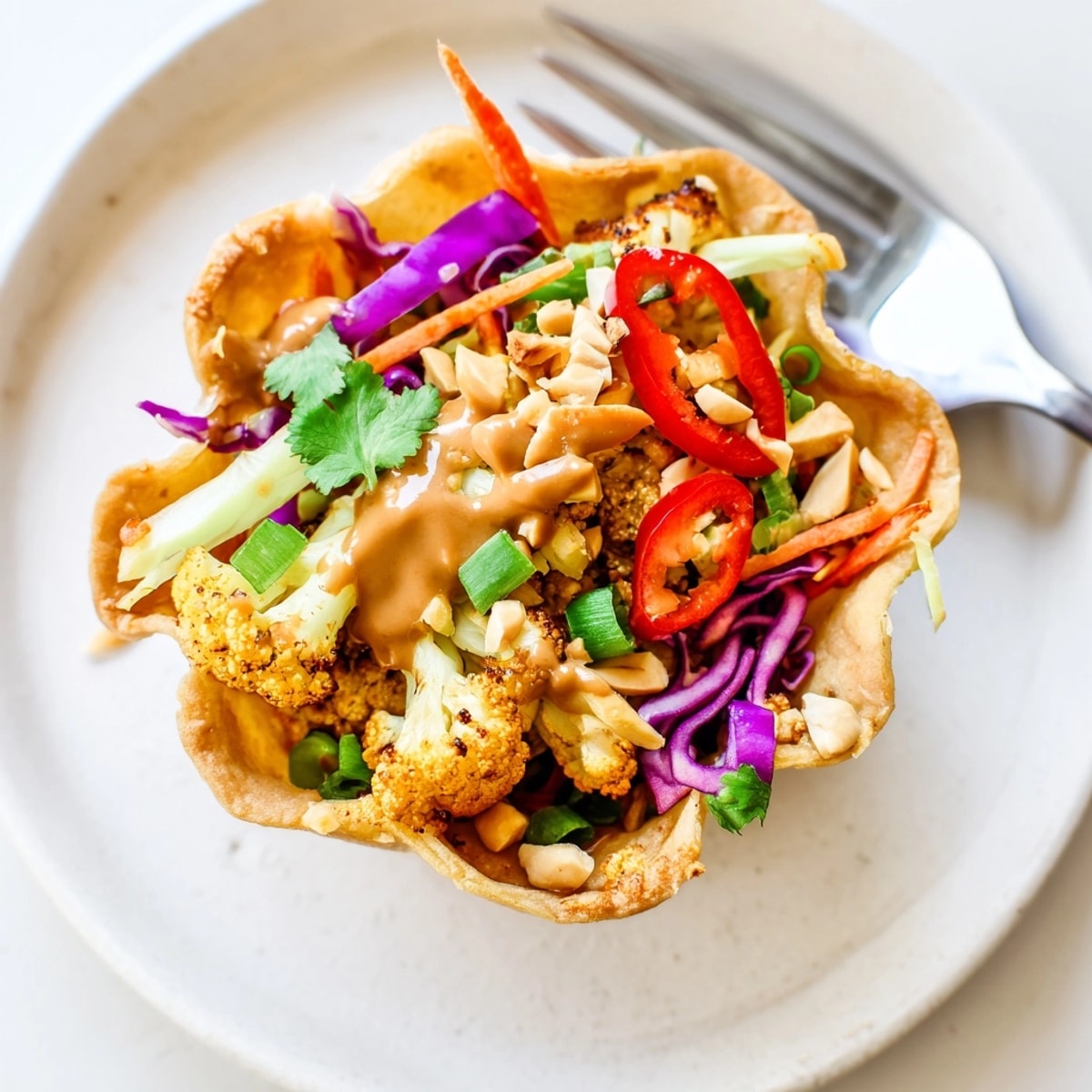 Close-up showing creamy Thai Peanut Cauliflower Taco Cups with red cabbage and cilantro.