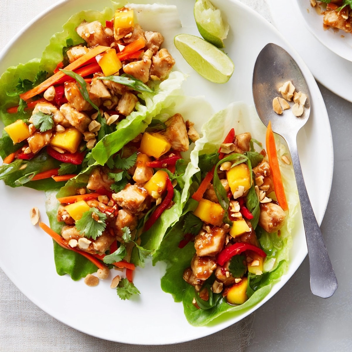 Imagine the taste of juicy Mango Chili Chicken Lettuce Cups, garnished with cilantro and peanuts.