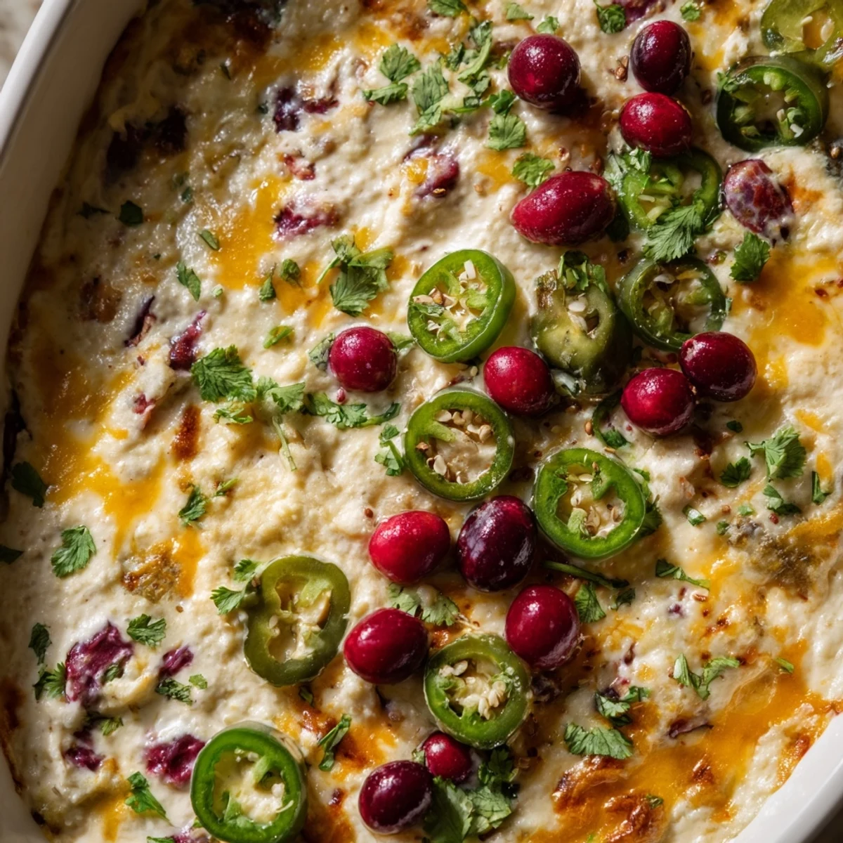 Savory cranberry jalapeño queso dip, garnished with cilantro and extra jalapeños.