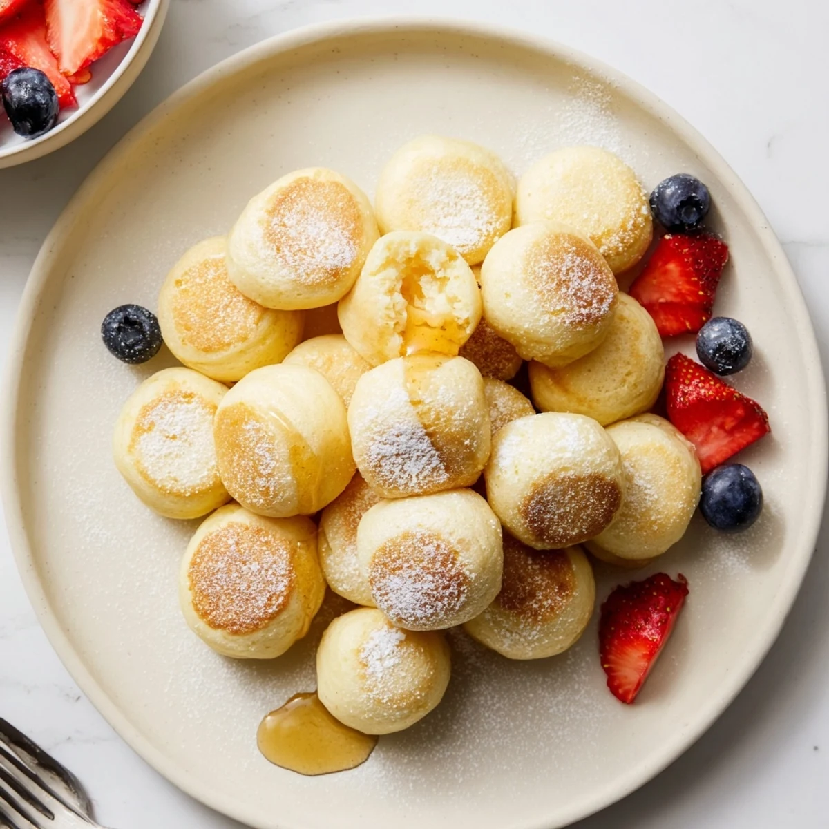 Soft Japanese mochi pancake bites topped with fresh fruit and maple syrup.  