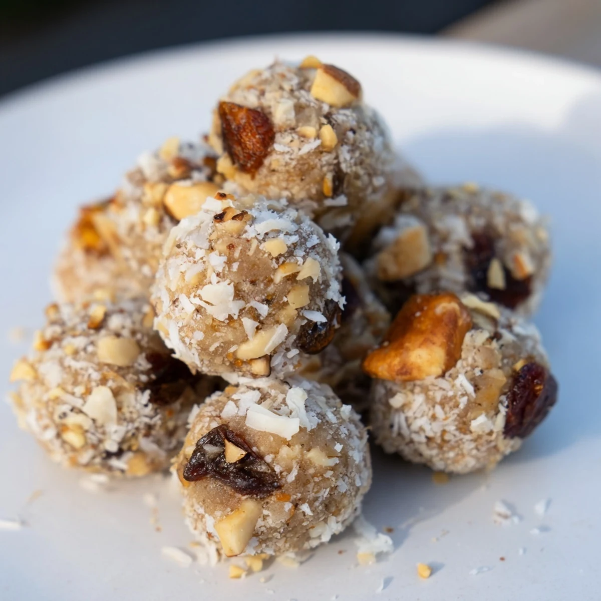 Rich Vegan Thanksgiving Macadamia Dessert Bites rolling in shredded coconut with warm spices.