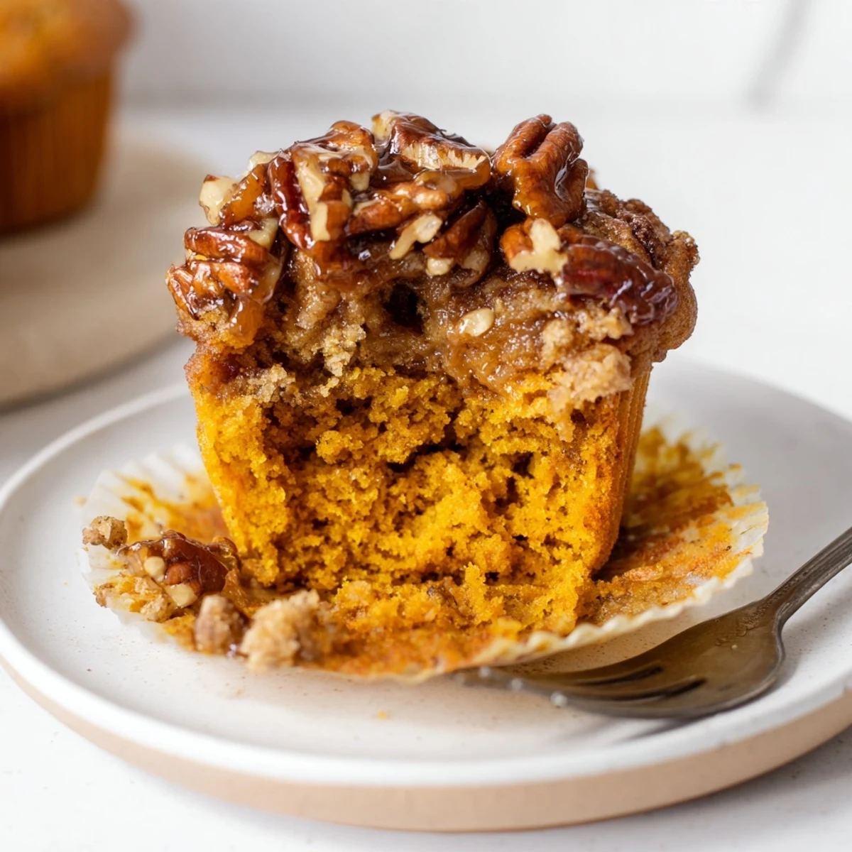 Moist pumpkin muffin pecan pie cups topped with sweet, crunchy pecans and maple syrup.