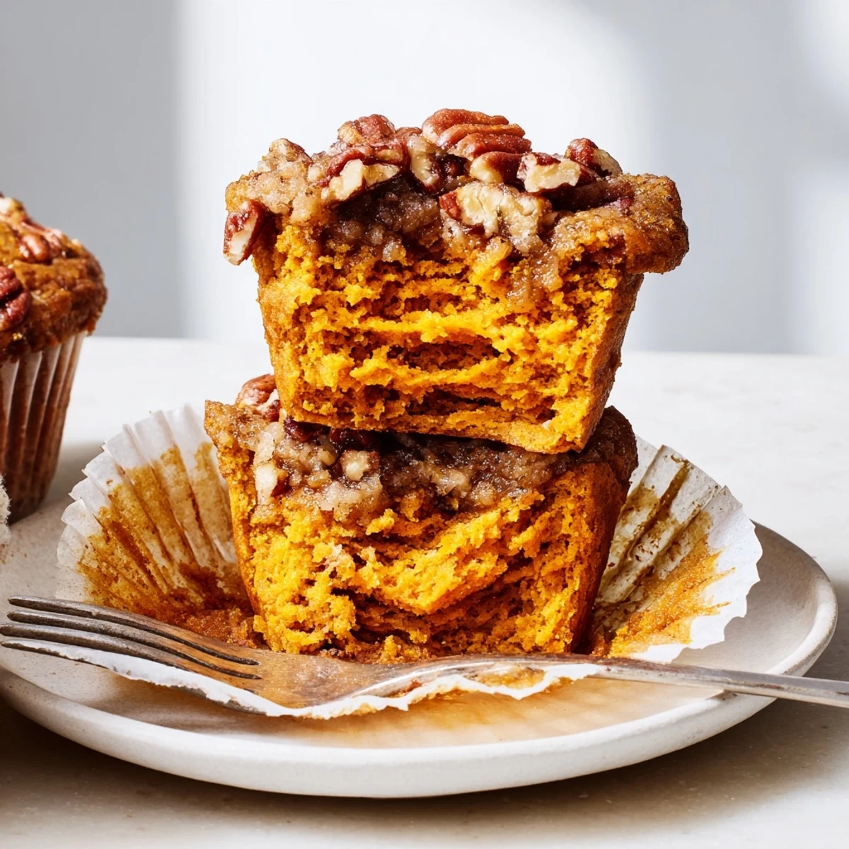 Savory pumpkin muffin cups drizzled with gooey pecan pie filling for a delightful treat.