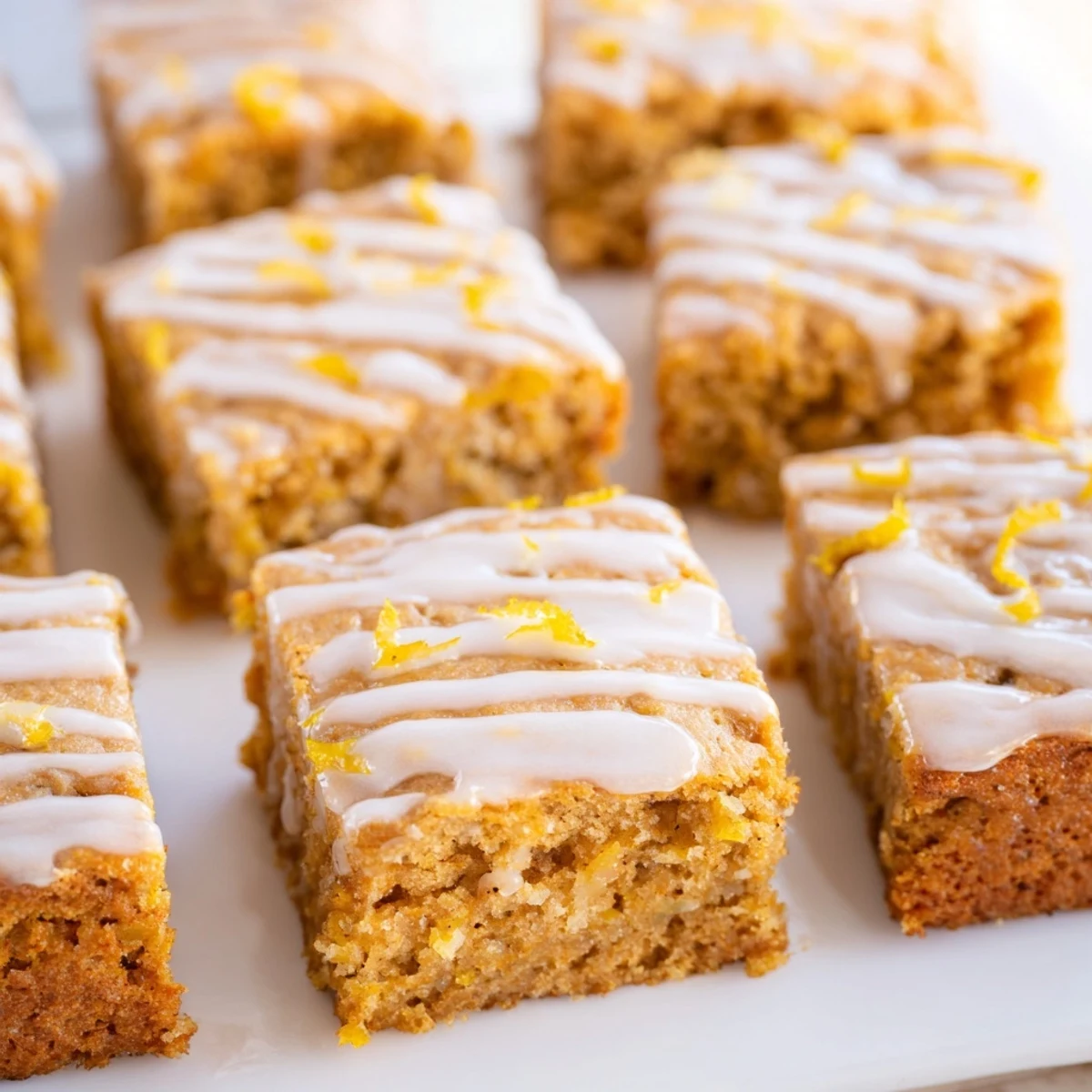 Moist lemon ginger pumpkin cake squares drizzled with tangy glaze, perfect for autumn gatherings.  
