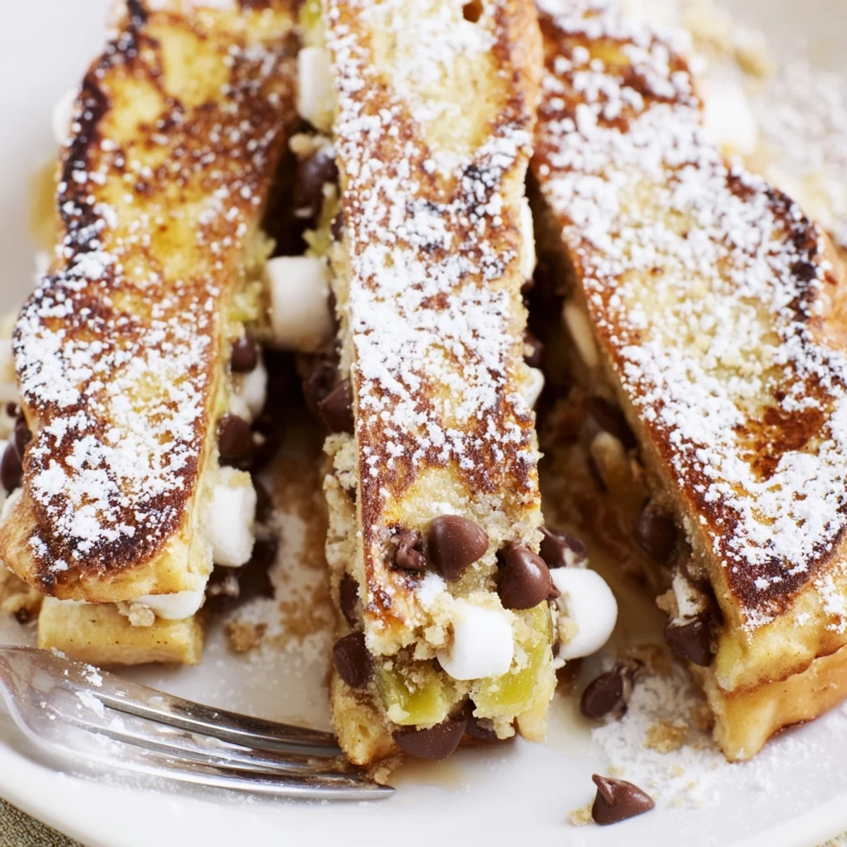 S’mores Pickle French Toast Sticks topped with graham crumbs, chocolate, and pickle accents.  