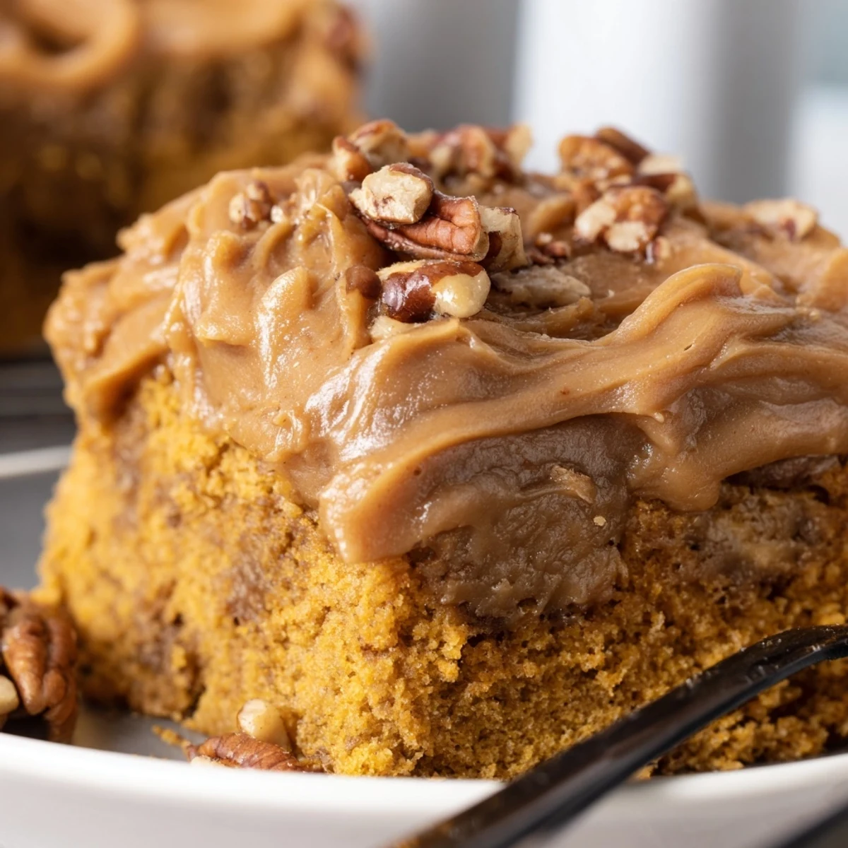 Butterscotch Pecan Pumpkin Sheet Cake adorned with crunchy pecans and vibrant autumn flavors.  