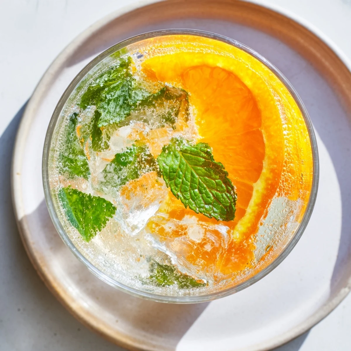 A vibrant Probiotic Soda Mocktail garnished with fresh mint and orange slices.  
