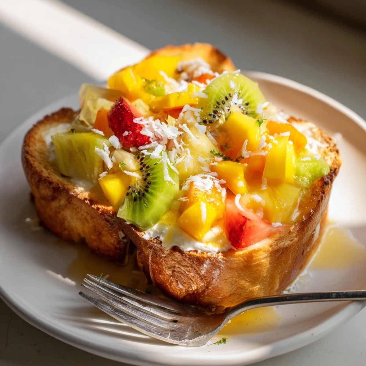 Creamy Yogurt-Custard Toast topped with fresh kiwi, mango, and pineapple slices.  