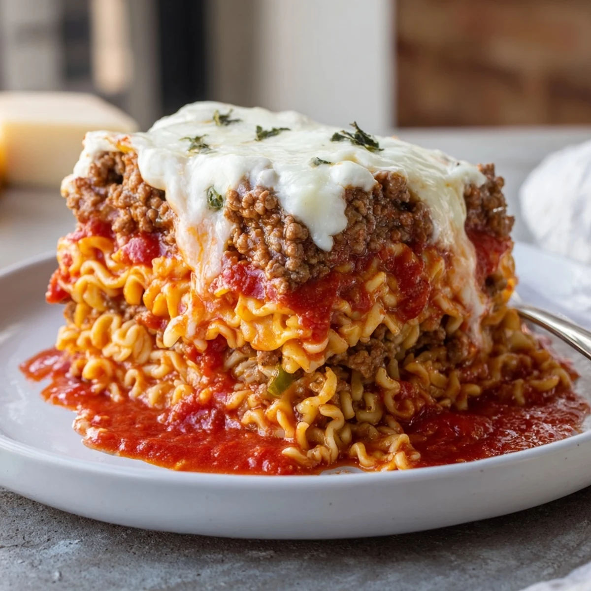 Spicy Ramen Lasagna features layers of noodles, spicy pork, and melty cheese.  