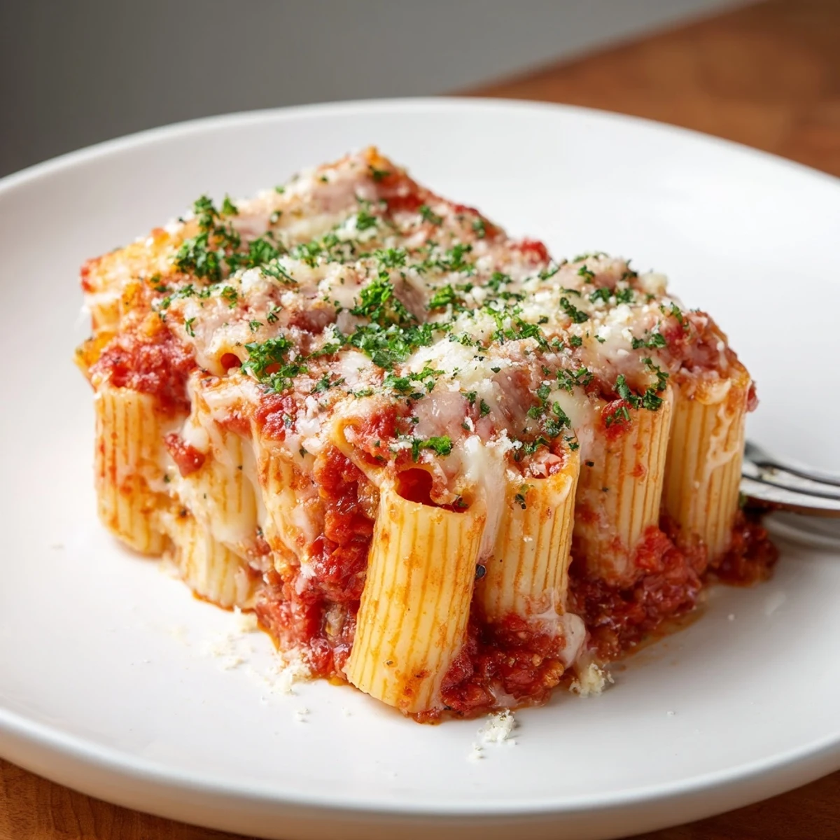 Warm honeycomb pasta cake topped with melted mozzarella, ideal for a family dinner.