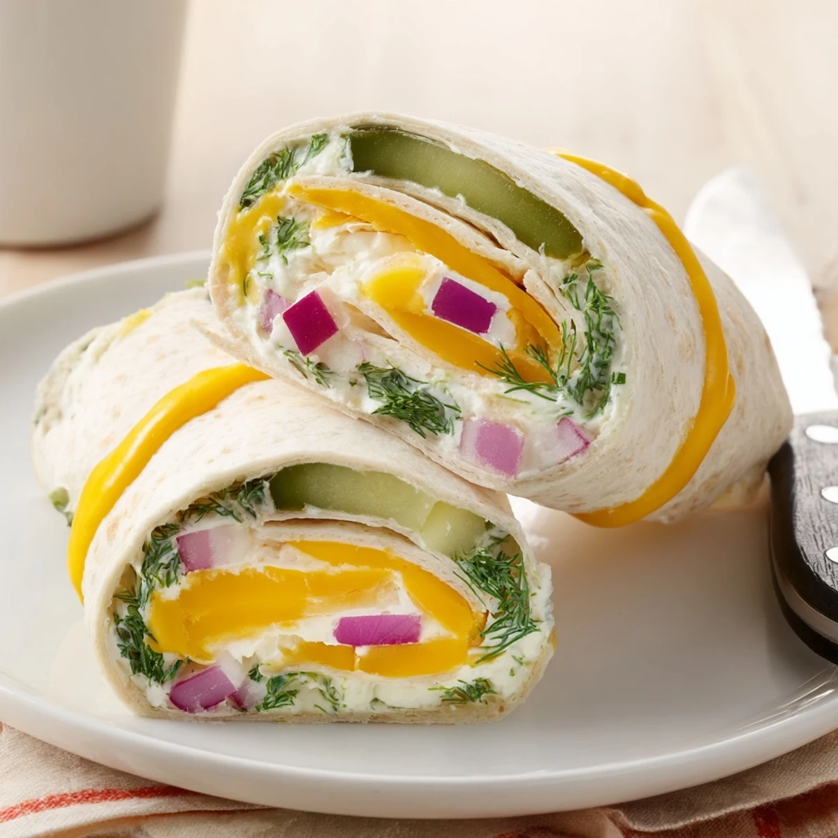 Delicious Pickle-in-a-Blanket snack with creamy cheese wrapped in soft tortillas.  