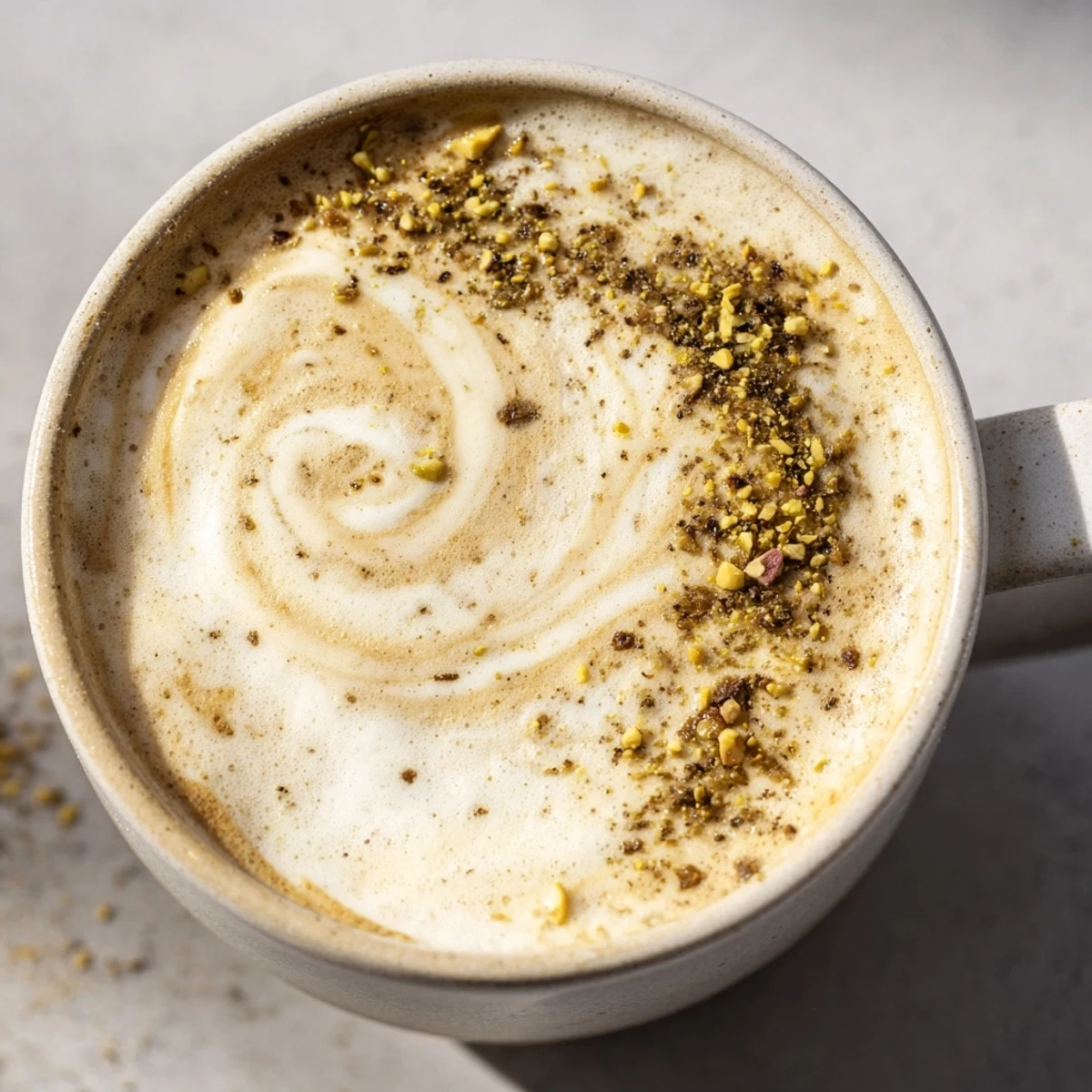 Warm pistachio milk latte blending rich espresso and nutty flavors, perfect for coffee lovers.  