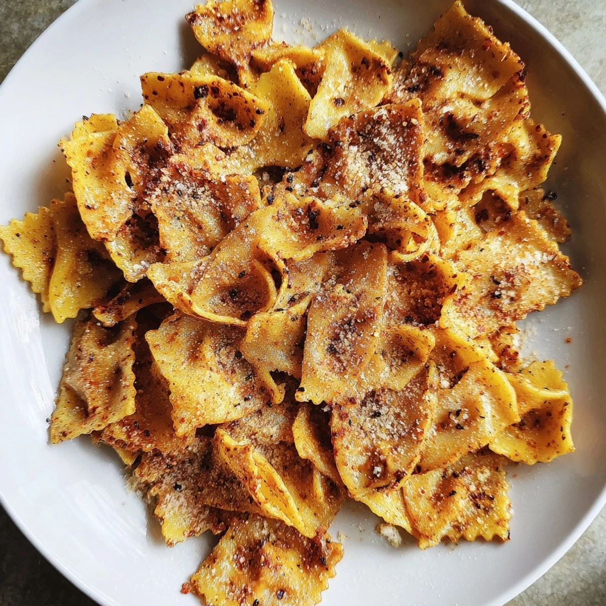 Crispy pasta chips seasoned with garlic and smoked paprika, perfect for snacking.  