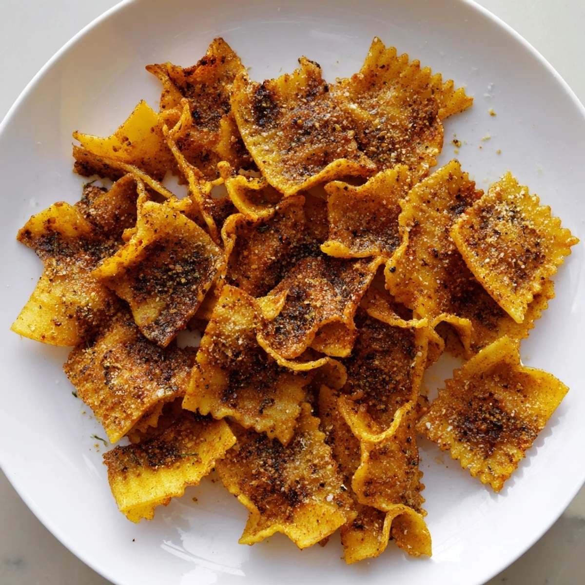 Flavorful baked pasta chips topped with Parmesan cheese, great for serving with dips.  