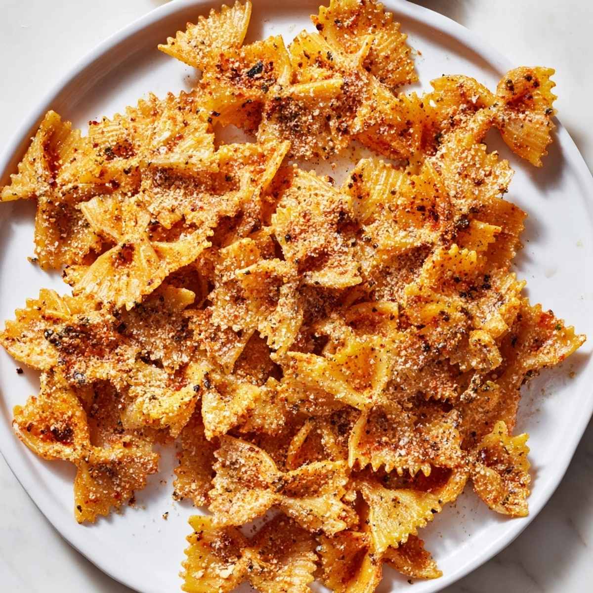 Golden, crunchy pasta chips tossed in spices, ideal for your next game night.