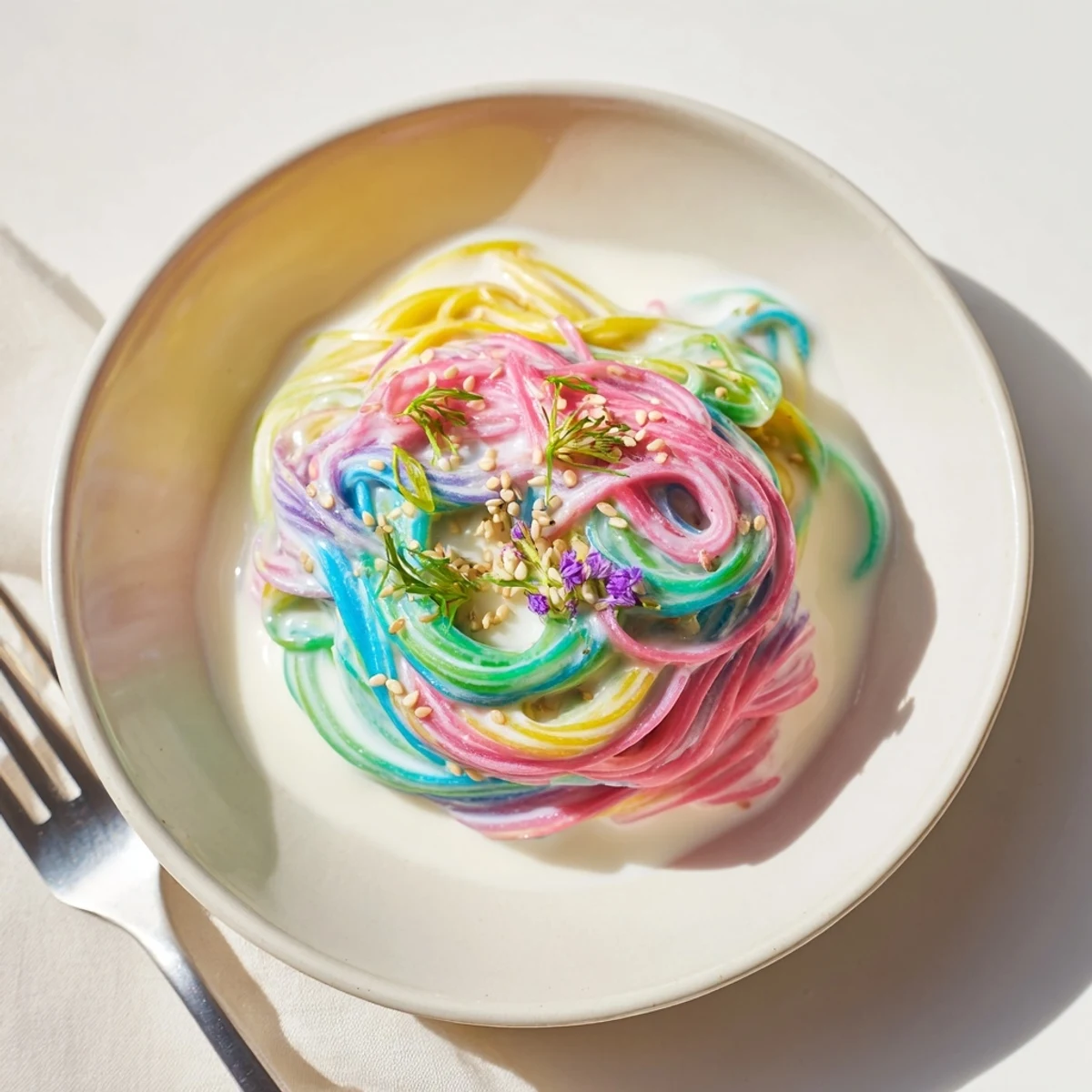 Delightful Neon Noodle Cloud showcasing colorful noodles and bright edible flowers on top.