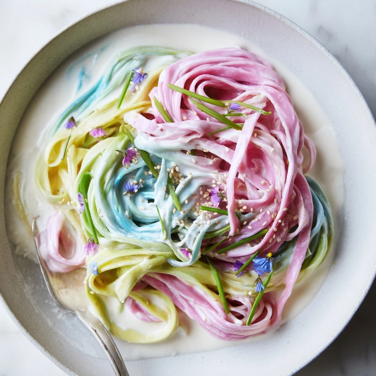 Vibrant Neon Noodle Cloud glistening in a whimsical creamy sauce, perfect for gatherings.  