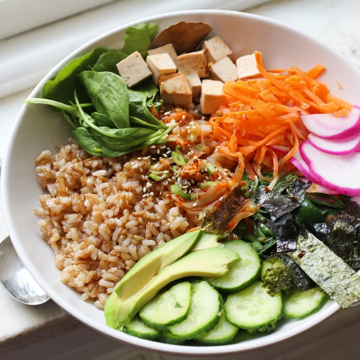 Healthy fermented vegetable bowl featuring hearty grains and zesty dressing for lunch.