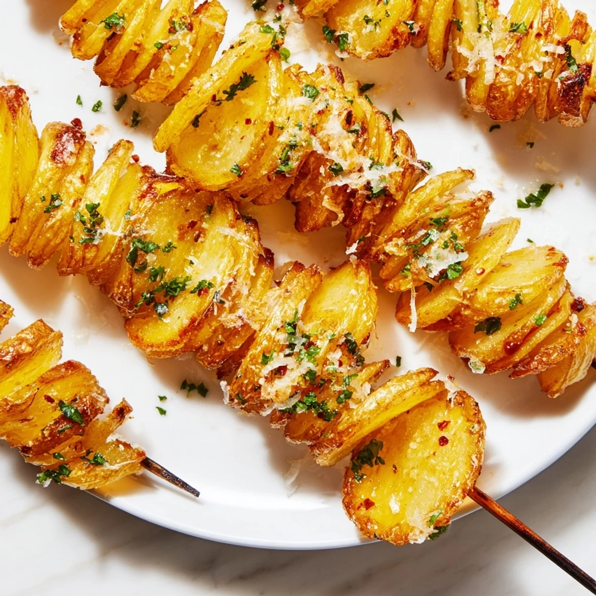 Flavorful air-fryer tornado potatoes on skewers, inviting and fun to eat.