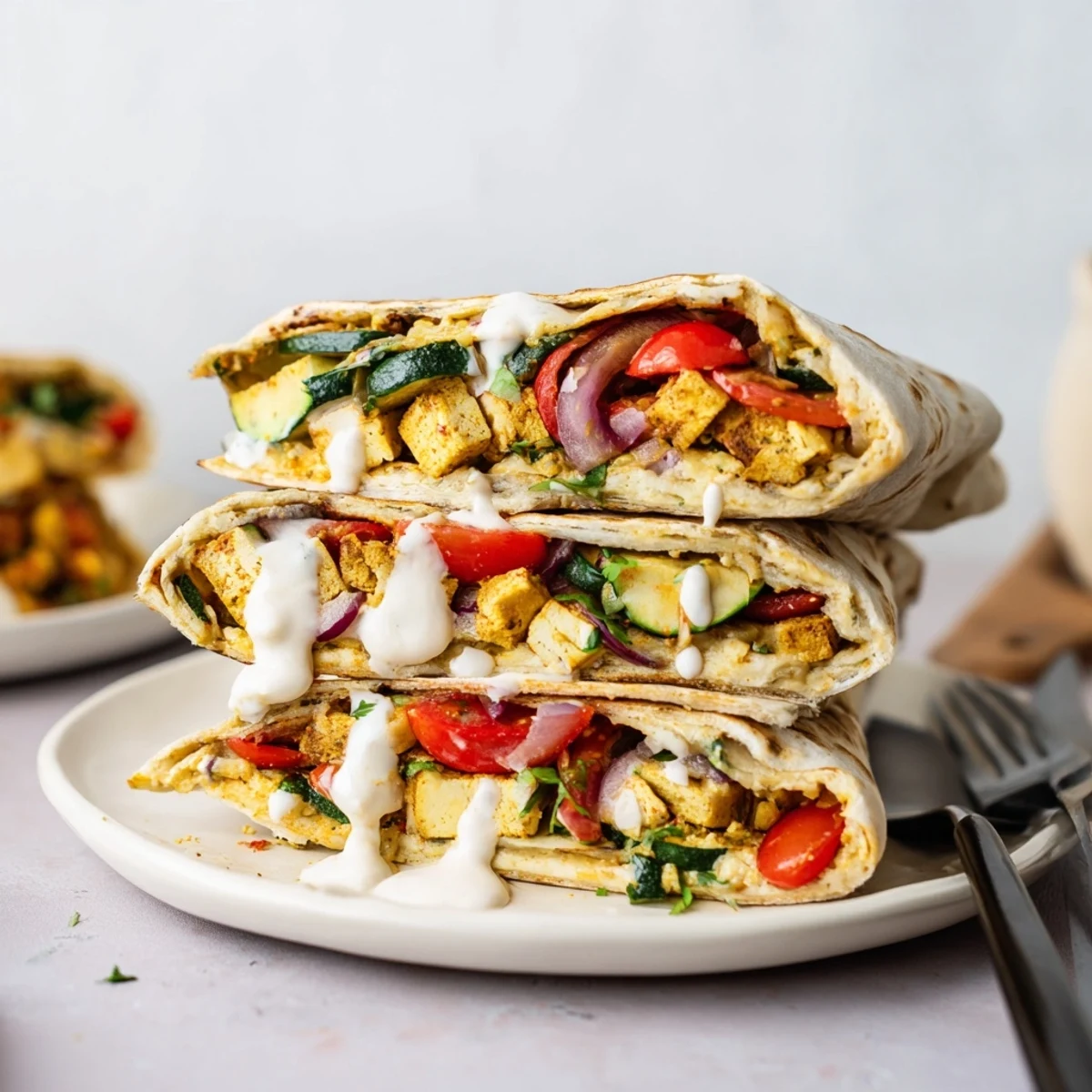 Easy vegan viral recipe remake with golden tofu and seasonal veggies in whole wheat wraps.