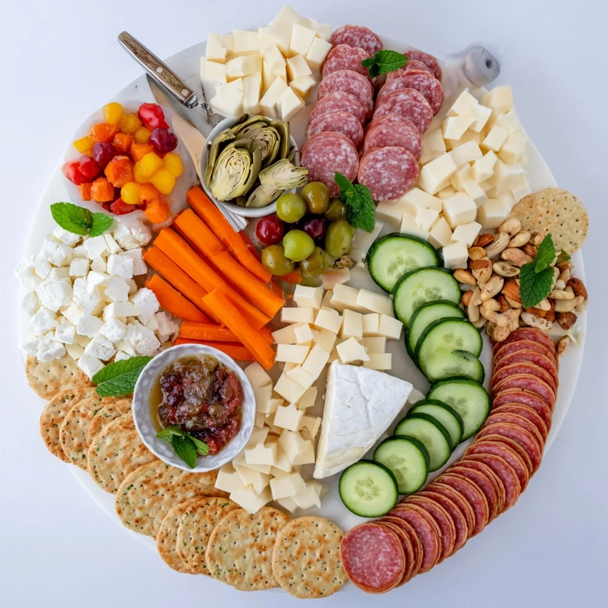 Charming Girl Dinner Platter featuring sliced cheeses, fresh veggies, and crunchy snacks.  