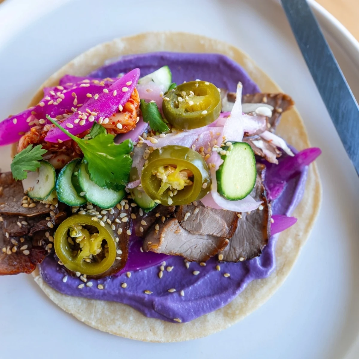 Vibrant Global Street-Food Fusion Tacos topped with ube crema and fresh veggies.  