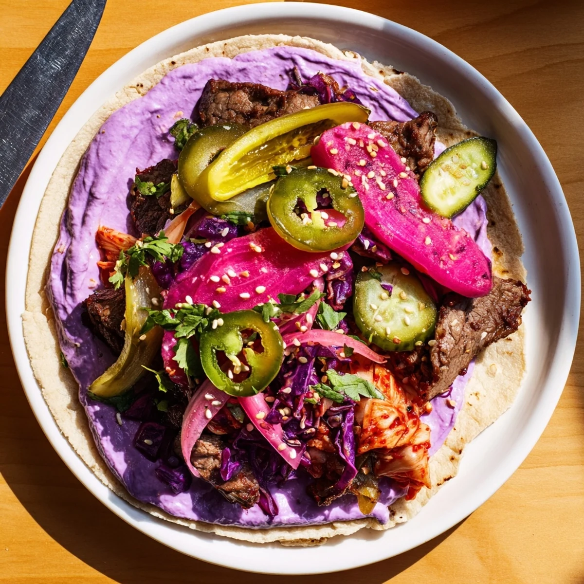 Delicious Global Street-Food Fusion Tacos with kimchi, ube crema, and crunchy vegetables.