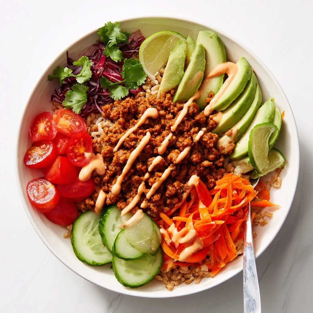 Delectable plant-based meat bowl drizzled with spicy mayo and fresh lime.  