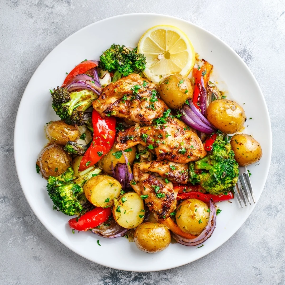 Lazy Gourmet Chicken & Vegetable One-Pot dish with tender chicken and vibrant broccoli.  