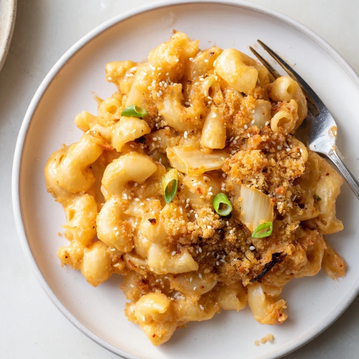 Creamy Spicy Kimchi Mac & Cheese topped with crunchy panko and sesame seeds.  
