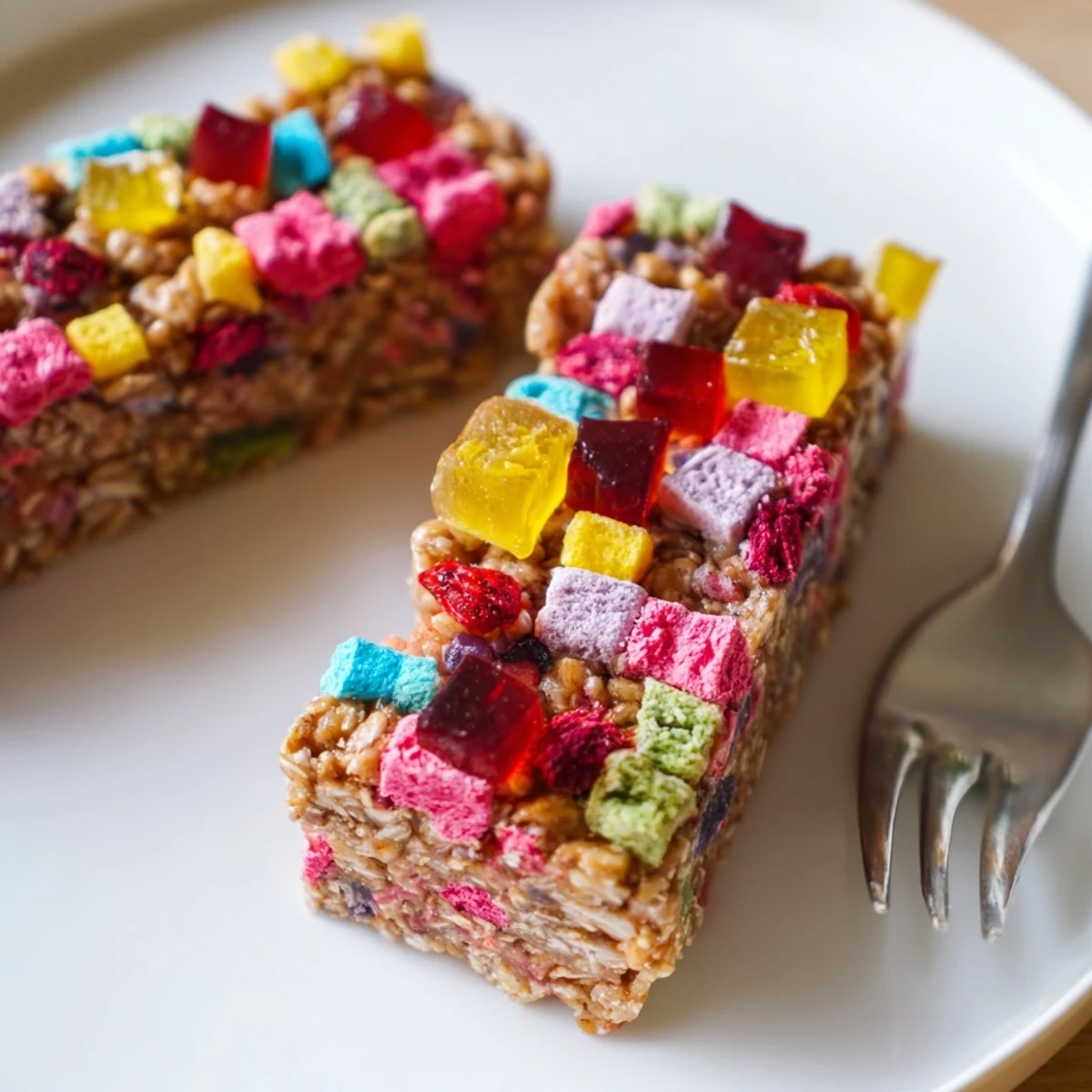 Colorful DIY snack bars with chewy gummies and crispy freeze-dried fruit toppings.  