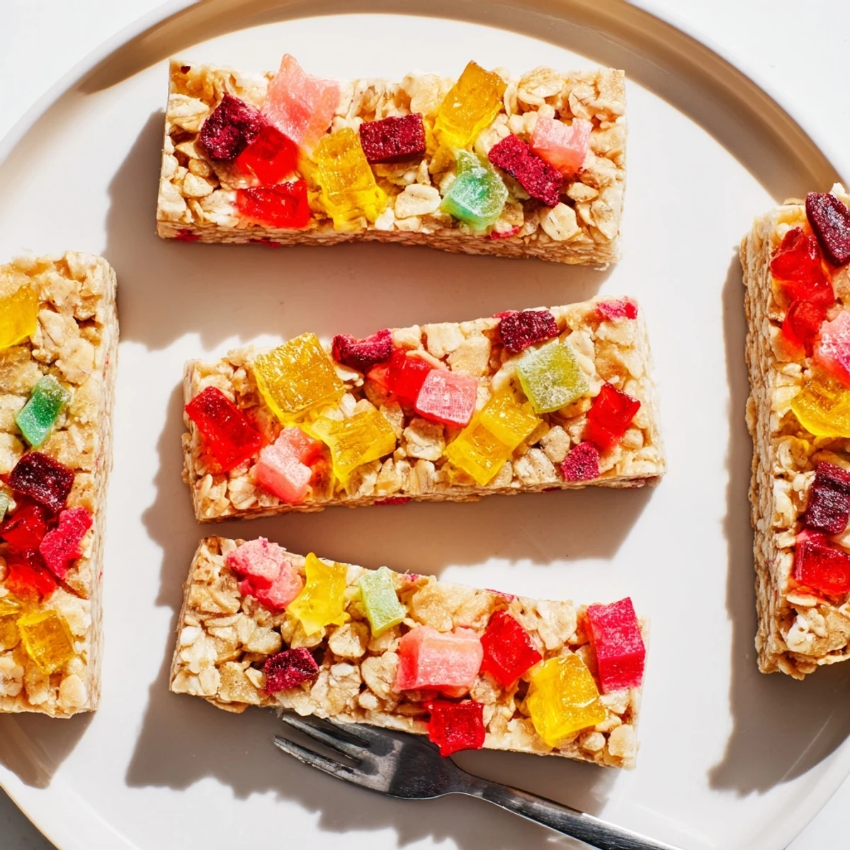 Homemade gummies and crunchy candies atop wholesome oat snack bars, perfect for sharing.  