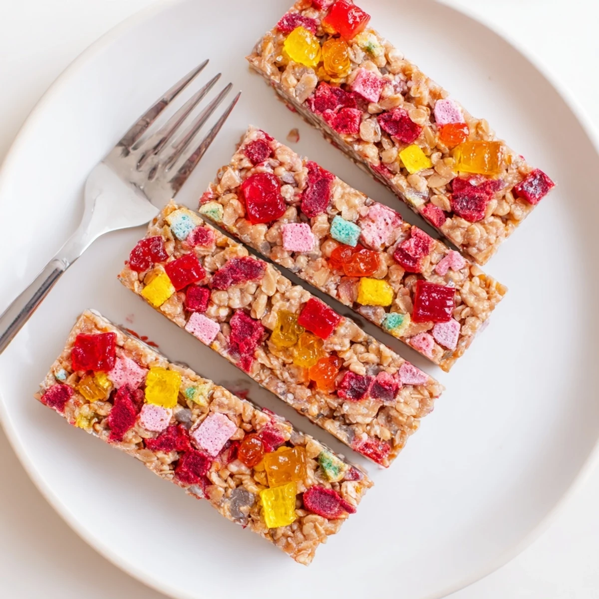 Vibrant freeze-dried candy mash-up on chewy homemade snack bars bursting with flavor.