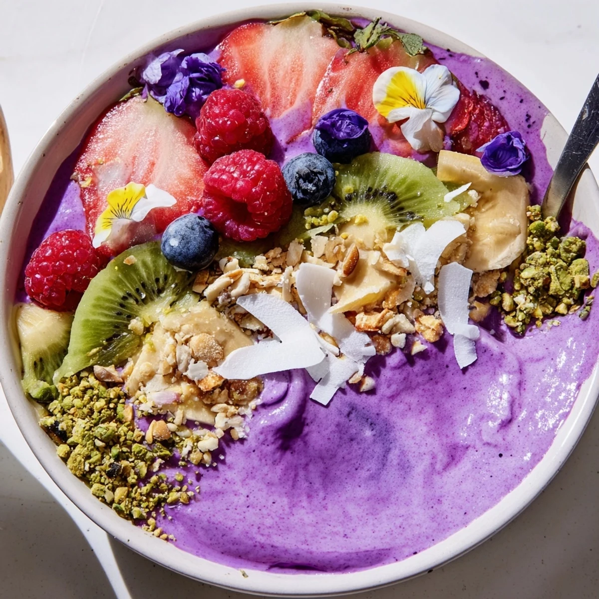 Colorful Vibrant Smoothie Bowls with Unexpected Twists, topped with fresh fruits and granola.