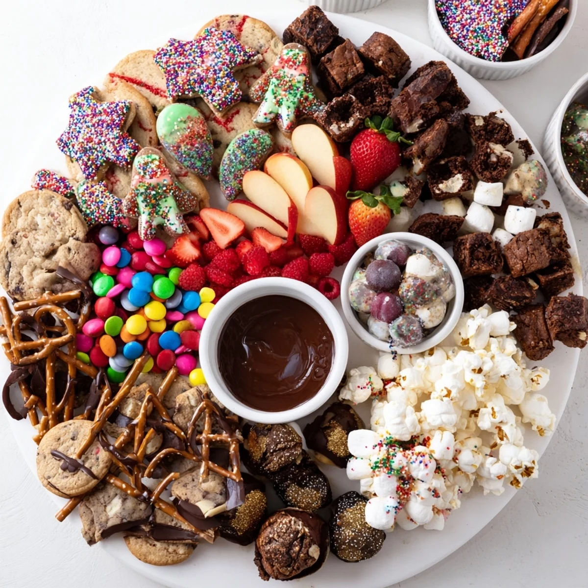 A colorful dessert board with sweets and fruit, perfect for holidays.  