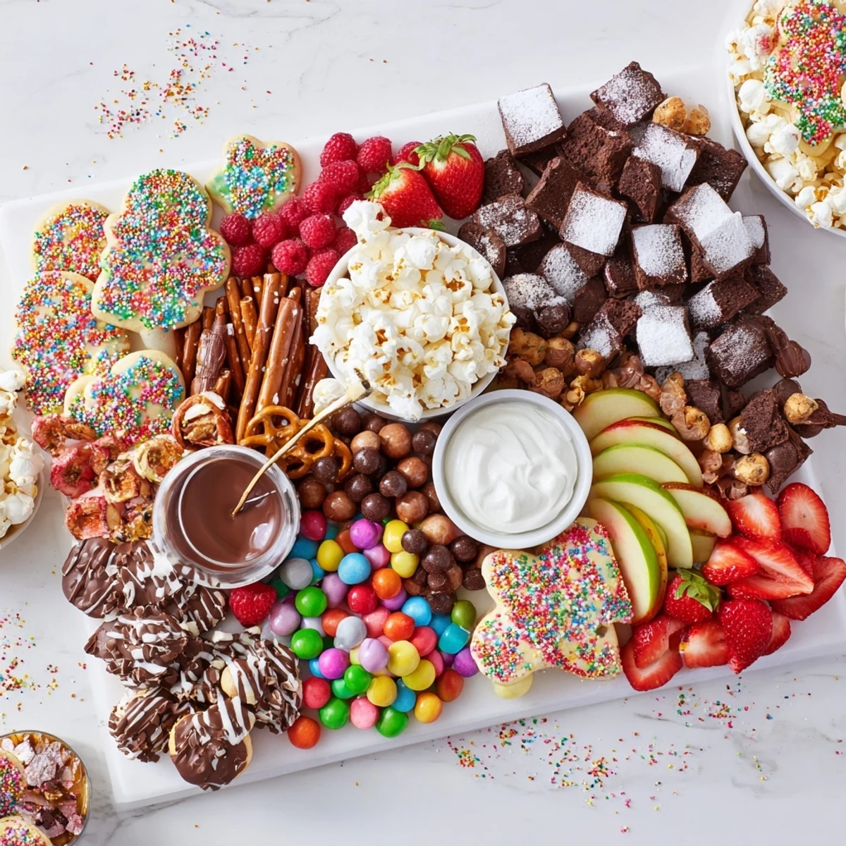 Charming dessert board displaying cookies, chocolates, and fruits for gatherings.