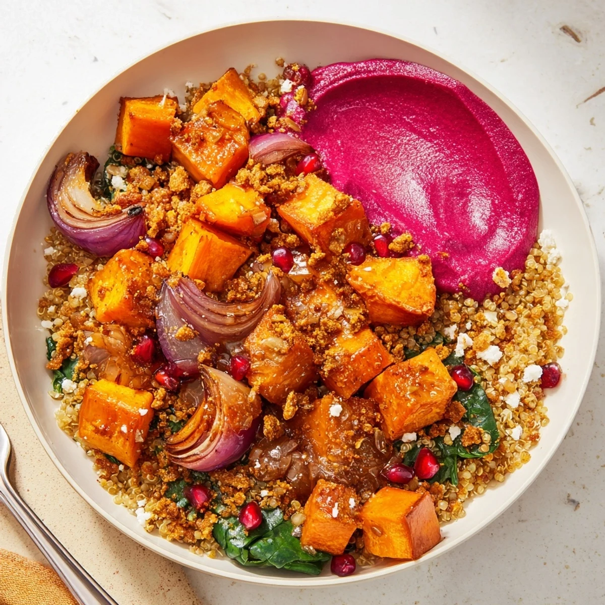 Cozy spiced winter bowls filled with roasted vegetables, topped with ube-coconut purée.  