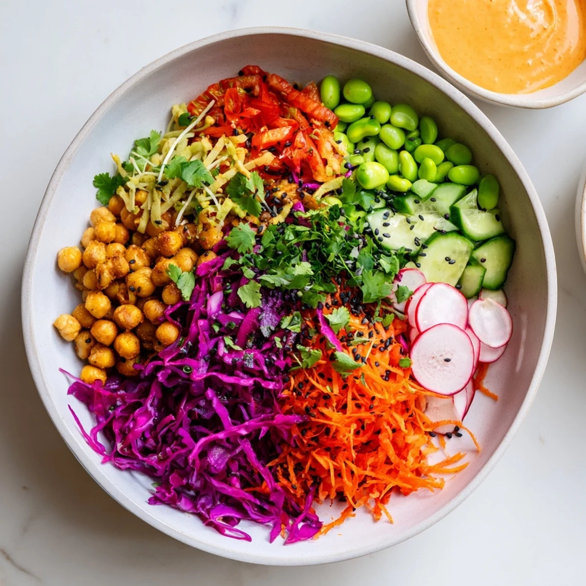 Delicious ASMR Crunch Snack Bowls topped with roasted chickpeas and zesty sriracha mayo.