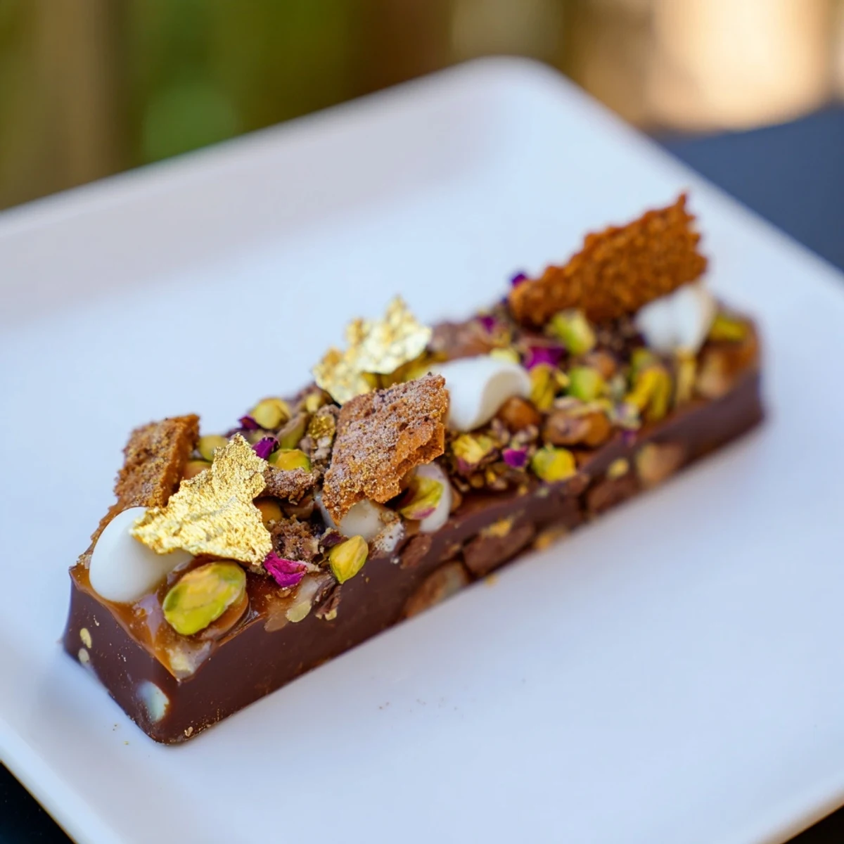 Decadent chocolate bar inspired creations topped with rose petals and crunchy pistachios.  